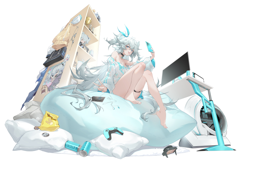 1girl :p absurdres animal_print bare_legs barefoot bikini blue_eyes breasts camera can cellphone character_doll controller cow_print cow_print_bikini dinergate_(girls&#039;_frontline) doll florence_(girls&#039;_frontline_2) from_below full_body game_controller girls&#039;_frontline girls&#039;_frontline_2:_exilium grey_hair gun hair_ribbon handgun handheld_game_console highres holding holding_phone long_hair long_sleeves mab_pa-15 medium_breasts monitor nintendo_switch off_shoulder official_art pa-15_(girls&#039;_frontline) pa-15_(marvelous_yam_pastry)_(girls&#039;_frontline) phone pillow playstation_controller poster_(object) print_bikini ribbon shanyao_jiang_tororo shelf sitting smartphone solo swimsuit thigh_strap tongue tongue_out two_side_up v very_long_hair weapon white_background