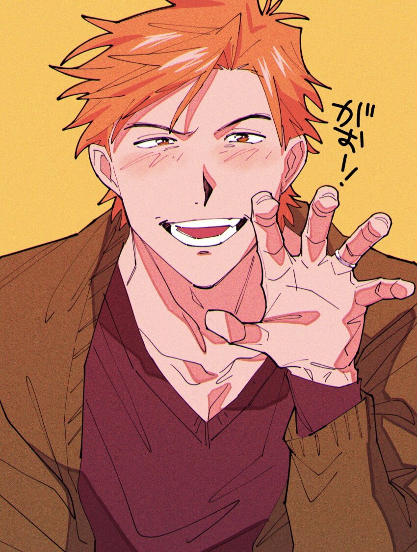 1boy blush brown_cardigan brown_eyes cardigan claw_pose collarbone highres humanization looking_at_viewer male_focus open_mouth orange_hair red_shirt robin_hood_(disney_character) robin_hood_(disney_movie) shirt short_hair solo teeth translation_request uochandayo upper_body yellow_background