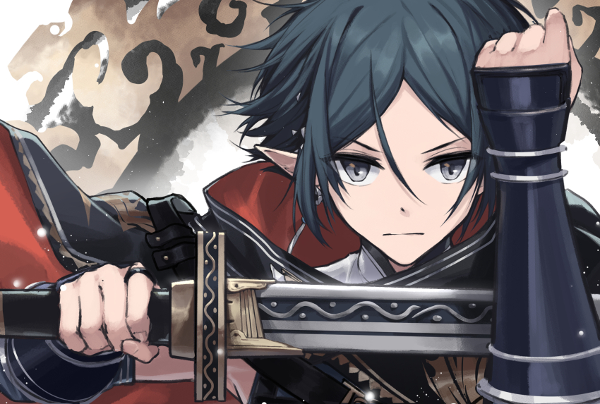 1boy arknights arm_up armor black_cape black_eyes black_hair cape chinese_commentary clenched_hand closed_mouth commentary earrings hair_between_eyes highres holding holding_sword holding_weapon jewelry light_particles male_focus parted_bangs pointy_ears red_cape ring short_hair solo sword two-sided_cape two-sided_fabric upper_body v-shaped_eyebrows vambraces weapon xia_bao_(wulalala) zuo_le_(arknights)