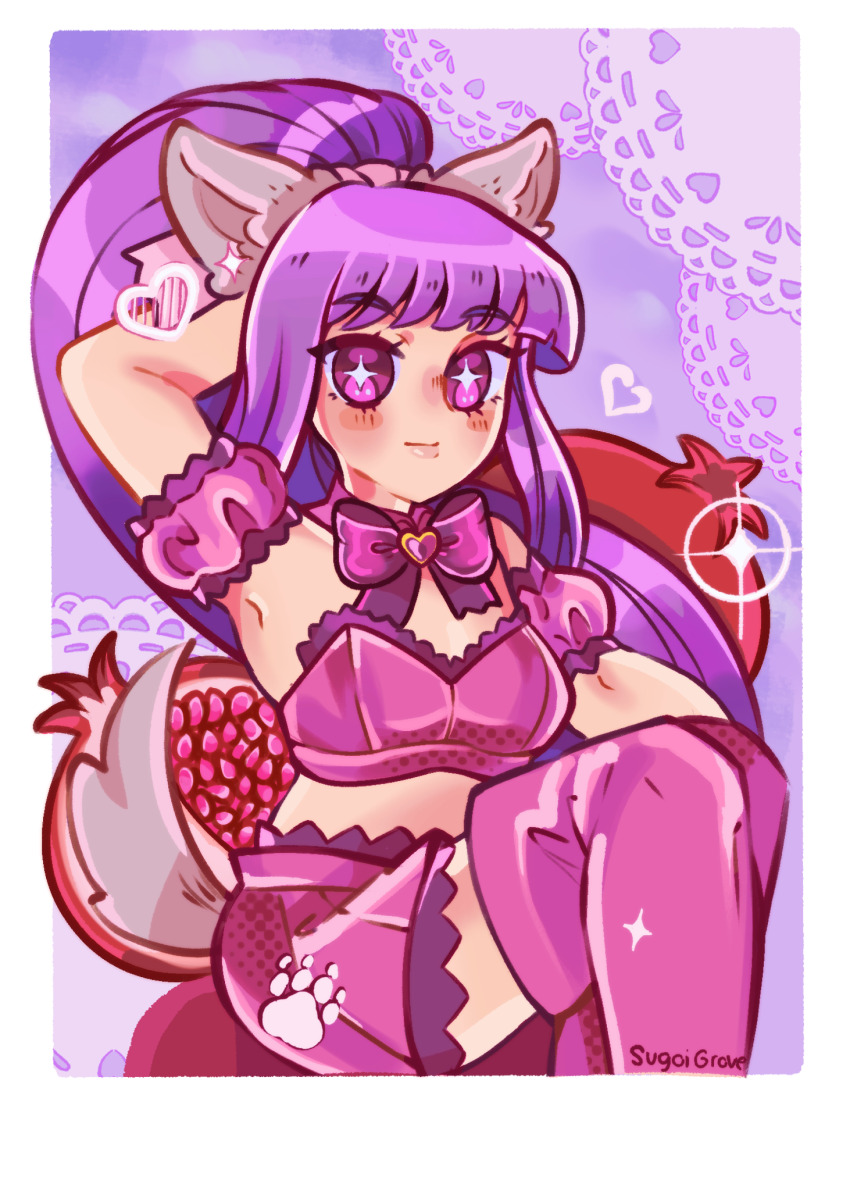 1girl animal_ears arm_up bare_shoulders boots bow breasts choker commentary detached_sleeves english_commentary food frilled_thigh_strap fruit fujiwara_zakuro heart highres long_hair magical_girl mew_zakuro midriff navel pomegranate ponytail puffy_detached_sleeves puffy_sleeves purple_choker purple_eyes purple_hair purple_theme sitting skirt solo strapless sugoigrove tail thigh_boots thigh_strap tokyo_mew_mew very_long_hair wolf_ears wolf_tail