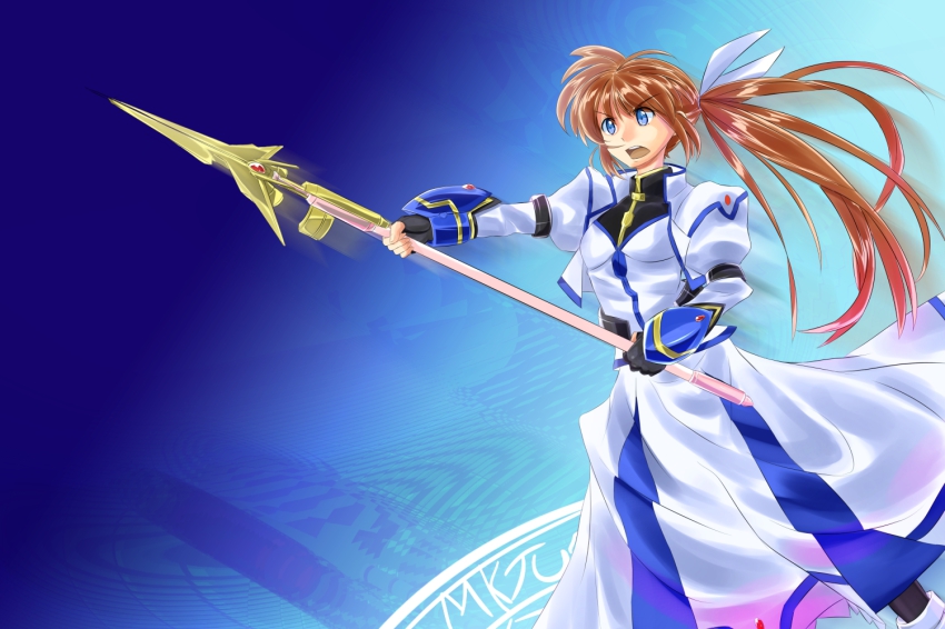 00s 1girl blue_eyes brown_hair female_focus long_hair lyrical_nanoha magic_circle magical_girl mahou_shoujo_lyrical_nanoha_strikers open_mouth raising_heart raising_heart_(exceed_mode) side_ponytail solo sonyntendo takamachi_nanoha takamachi_nanoha_(exceed_mode)