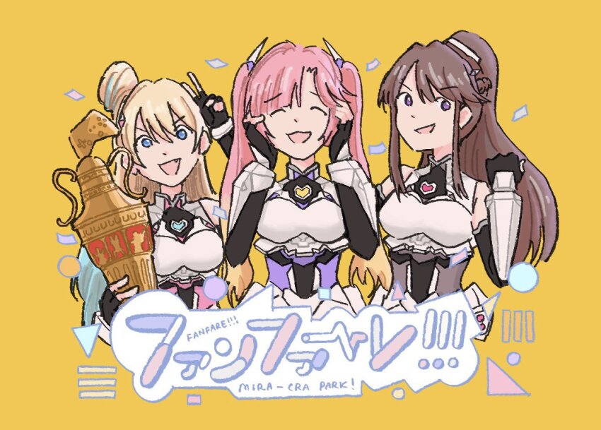 3girls :d ^_^ anyoji_hime armor blonde_hair blue_eyes blue_hair blunt_bangs blush boobplate breastplate breasts brown_hair closed_eyes commentary elbow_gloves english_commentary fanfare!!!_(love_live!) fingerless_gloves fujishima_megumi gloves gradient_hair group_name hair_between_eyes hair_bun hair_intakes hands_up heart holding holding_trophy light_blue_hair link!_like!_love_live! logo long_hair love_live! medium_breasts mira-cra_park! mizoe multicolored_hair multiple_girls official_alternate_costume official_alternate_hairstyle open_mouth osawa_rurino pink_hair ponytail purple_eyes sidelocks single_hair_bun smile song_name streaked_hair swept_bangs trophy twintails upper_body v v-shaped_eyebrows very_long_hair virtual_youtuber white_armor yellow_background