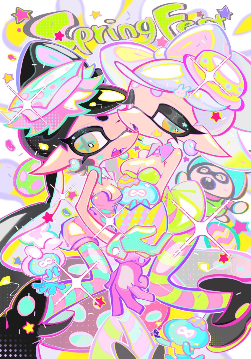 2girls absurdly_long_hair bare_shoulders between_breasts black_footwear black_hair blue_collar blue_gloves blue_pupils boots bow-shaped_hair breasts callie_(splatoon) callie_(springfest)_(splatoon) candy cleavage collar commentary detached_collar dress earrings easter_egg egg facepaint fangs food gloves gradient_hair green_dress green_hair grey_hair hair_ornament half-closed_eyes highres holding holding_egg hoop_earrings inkling jelly_bean jellyfish_(splatoon) jewelry jumpsuit large_breasts long_hair looking_at_viewer marie_(splatoon) marie_(springfest)_(splatoon) multicolored_hair multiple_girls nintendo official_alternate_costume open_mouth orange_eyes pantyhose pink_collar pink_hair pink_jumpsuit pink_pantyhose pointy_ears rabbit_hair_ornament short_hair short_jumpsuit small_breasts sparkle splatoon_(series) splatoon_3 sprinkles star-shaped_pupils star_(symbol) star_hair_ornament strapless strapless_dress striped_clothes striped_pantyhose swept_bangs symbol-only_commentary symbol-shaped_pupils tentacle_hair thick_eyebrows thick_eyelashes twintails two-tone_hair two-tone_pantyhose very_long_hair xiaoyunatie