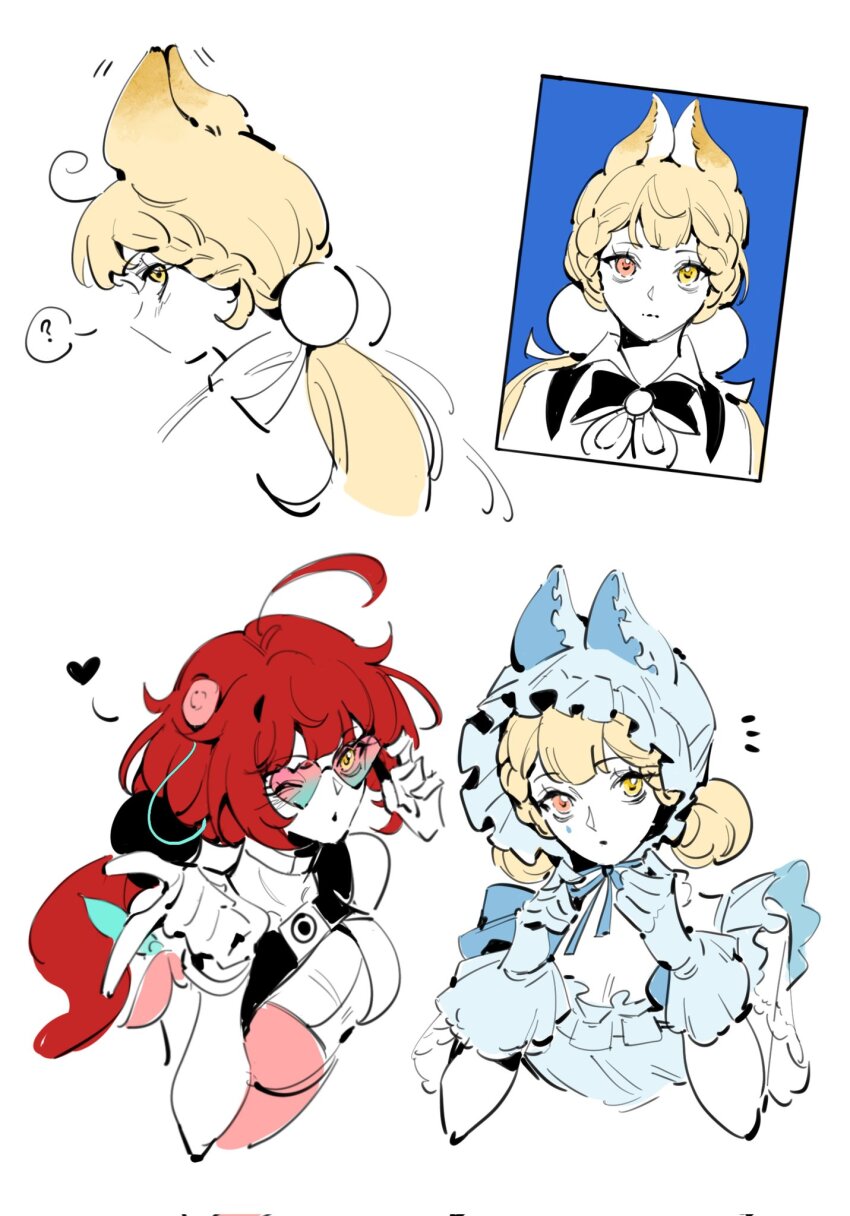 2girls ? adjusting_eyewear adjusting_neck_ribbon alice_thymefield alternate_costume animal_ears blonde_hair blue_background blue_dress blue_gloves blue_hat bracelet breasts camera camera_around_neck chest_bow cleavage closed_mouth double_bun dress frilled_dress frilled_gloves frilled_hat frills from_side gloves gradient-tinted_eyewear hair_bun hair_ornament hair_up hand_on_eyewear hat hearing_aid heart heart-shaped_eyewear heterochromia highres jewelry long_hair looking_at_viewer multiple_girls multiple_views neck_ribbon notice_lines official_alternate_costume one-piece_swimsuit one_eye_closed open_mouth orange_eyes pink_one-piece_swimsuit portrait rabbit_ears rabbit_girl red_hair ribbon saskeboom shirt sphere_hair_ornament spoken_question_mark sunglasses swimsuit tinted_eyewear twintails two-tone_one-piece_swimsuit ukinami_yuzuha ukinami_yuzuha_(tanuki_in_broad_daylight) upper_body white_background white_shirt yellow_eyes zenless_zone_zero