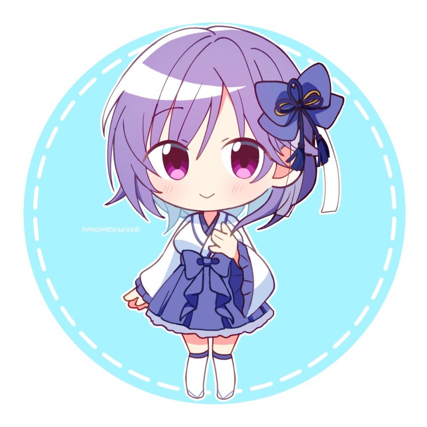 1girl \||/ alternate_costume blue_bow blue_skirt blush bow bow_skirt chibi chibi_only closed_mouth commentary_request eyes_visible_through_hair frilled_sleeves frills full_body hair_between_eyes hair_bow hair_ribbon hand_up high-waist_skirt highres japanese_clothes kimono kneehighs long_hair long_sleeves miko mizuori_shizuku purple_eyes purple_hair ribbon skirt smile socks solo standing summer_pockets twitter_username white_kimono white_ribbon white_socks wide_sleeves xdjf63qbpt0iqmj