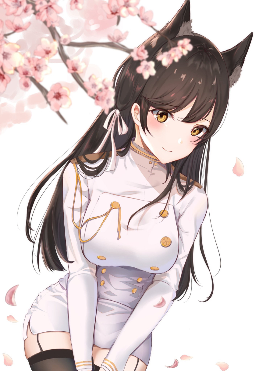 1girl animal_ears atago_(azur_lane) azur_lane black_hair black_thighhighs blush breasts brown_eyes cherry_blossoms closed_mouth commentary_request cowboy_shot extra_ears gloves hair_ribbon highres large_breasts leaning_forward long_hair looking_at_viewer military military_uniform miniskirt mole mole_under_eye ribbon skirt smile solo swept_bangs thighhighs uiri-na white_ribbon