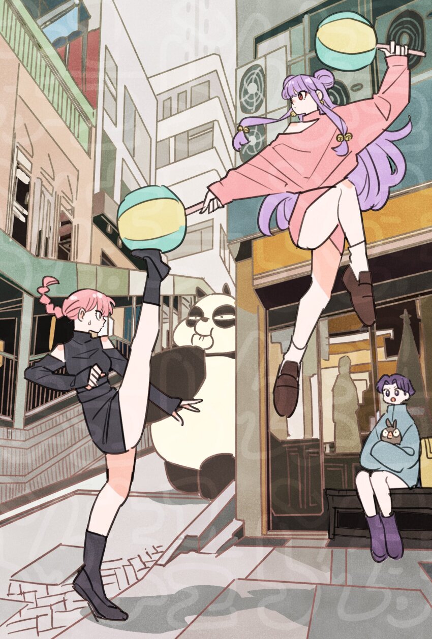 balloon bell black_gloves blunt_bangs braid braided_ponytail commentary eating elbow_gloves full_body gloves hair_bell hair_ornament highres holding jumping leg_up long_sleeves outdoors p-chan panda pig profile purple_hair ranma-chan ranma_1/2 red_hair saotome_genma_(panda) shampoo_(ranma_1/2) short_hair sidelocks socks sweatdrop takeuchi_ryousuke tendou_akane white_socks
