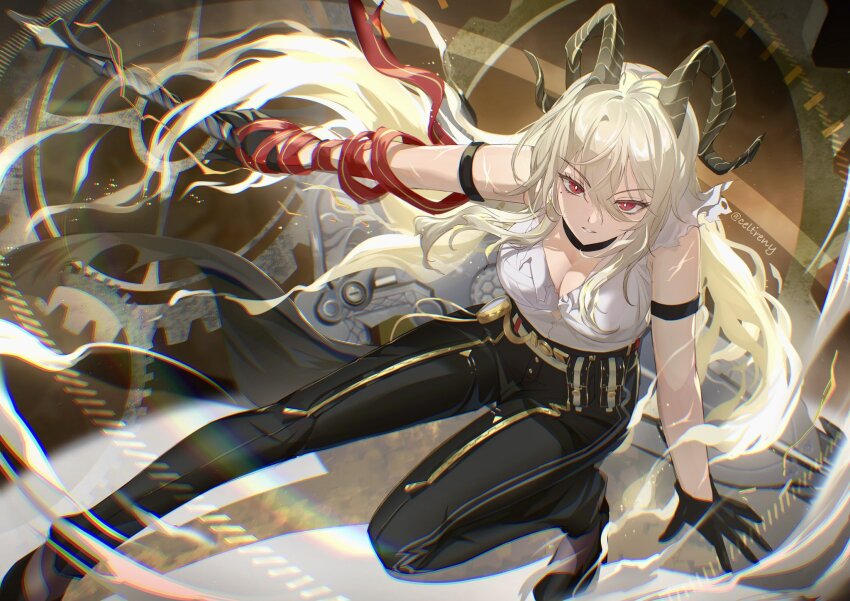 1girl arm_strap black_choker black_gloves black_horns black_pants black_shoes blonde_hair breasts bright_pupils celtreny choker chromatic_aberration cleavage commentary curled_horns electricity gloves greatsword hair_ornament high-waist_pants highres holding holding_sword holding_weapon horns large_breasts long_hair looking_at_viewer necktie necktie_around_wrists pants parted_lips red_eyes red_necktie shirt shirt_tucked_in shoes solo sword tight_clothes tight_pants torn_clothes torn_shirt weapon white_pupils white_shirt wuthering_waves zani_(wuthering_waves)