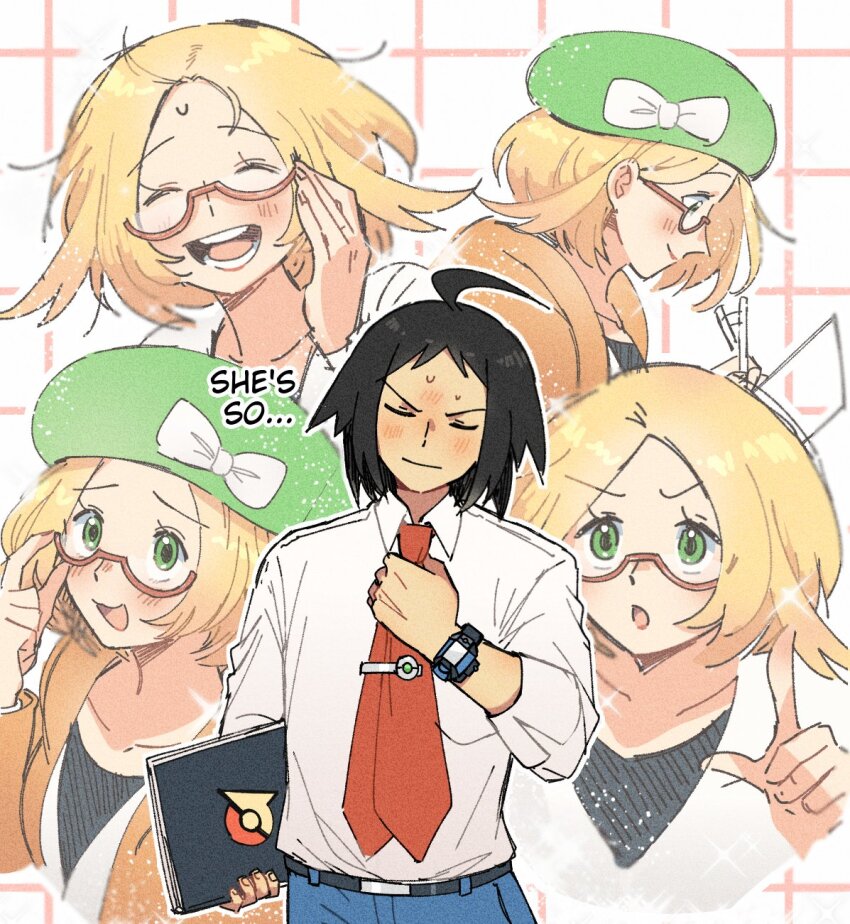 1boy 1girl adjusting_clothes adjusting_necktie ahoge bianca_(pokemon) blonde_hair blush cheren_(pokemon) english_text glasses green_hat hat highres medium_hair miiyokoe necktie nintendo pokemon pokemon_bw2 round_eyewear