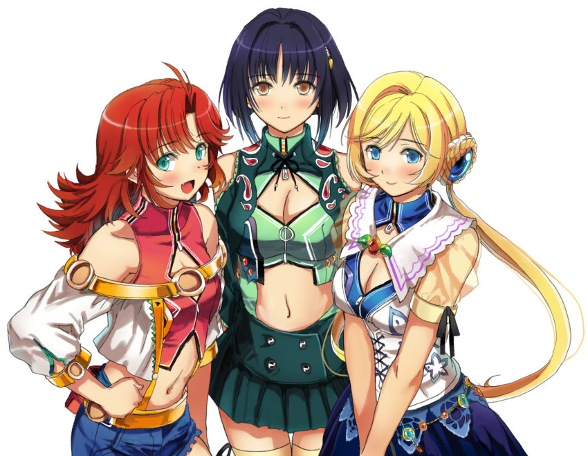 3girls black_eyes blonde_hair blue_eyes breasts brown_eyes cleavage clothing_cutout double_bun festenia_muse garimpeiro green_eyes hair_bun highres katia_grineal long_hair low-tied_long_hair medium_hair melua_melna_meia midriff multiple_girls open_hand red_hair short_hair stomach_cutout super_robot_wars super_robot_wars_judgement super_robot_wars_og_moon_dwellers super_robot_wars_original_generation thighhighs twintails white_background