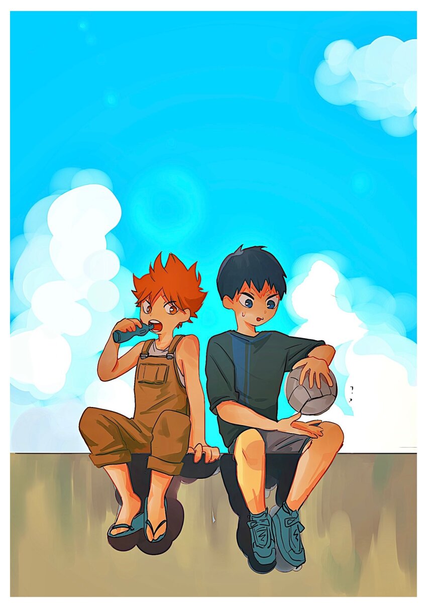 2boys aged_down ball bare_shoulders black_hair black_shirt blue_eyes border bottle brown_overalls cloud cloudy_sky crew_neck grey_shorts haikyuu!! highres hinata_shouyou holding holding_ball holding_bottle kageyama_tobio looking_to_the_side male_focus multiple_boys nervous_sweating open_mouth orange_eyes orange_hair overalls sandals shirt shoes short_sleeves shorts side-by-side sideways_glance sitting sky sneakers sweat tank_top teeth torino_ikachan volleyball white_border white_tank_top