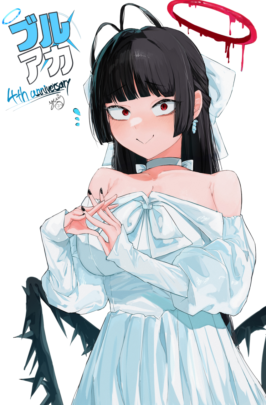 1girl absurdres antenna_hair back_bow black_hair black_nails black_wings blue_archive blush bow breasts cleavage commentary dress flying_sweatdrops hair_bow halo highres hime_cut large_breasts long_hair looking_at_viewer low_wings melting_halo nail_polish off-shoulder_dress off_shoulder official_alternate_costume red_eyes red_halo simple_background sleeves_past_wrists smile solo straight_hair tsurugi_(blue_archive) tsurugi_(dress)_(blue_archive) very_long_hair white_background white_bow white_dress wings yuindesu