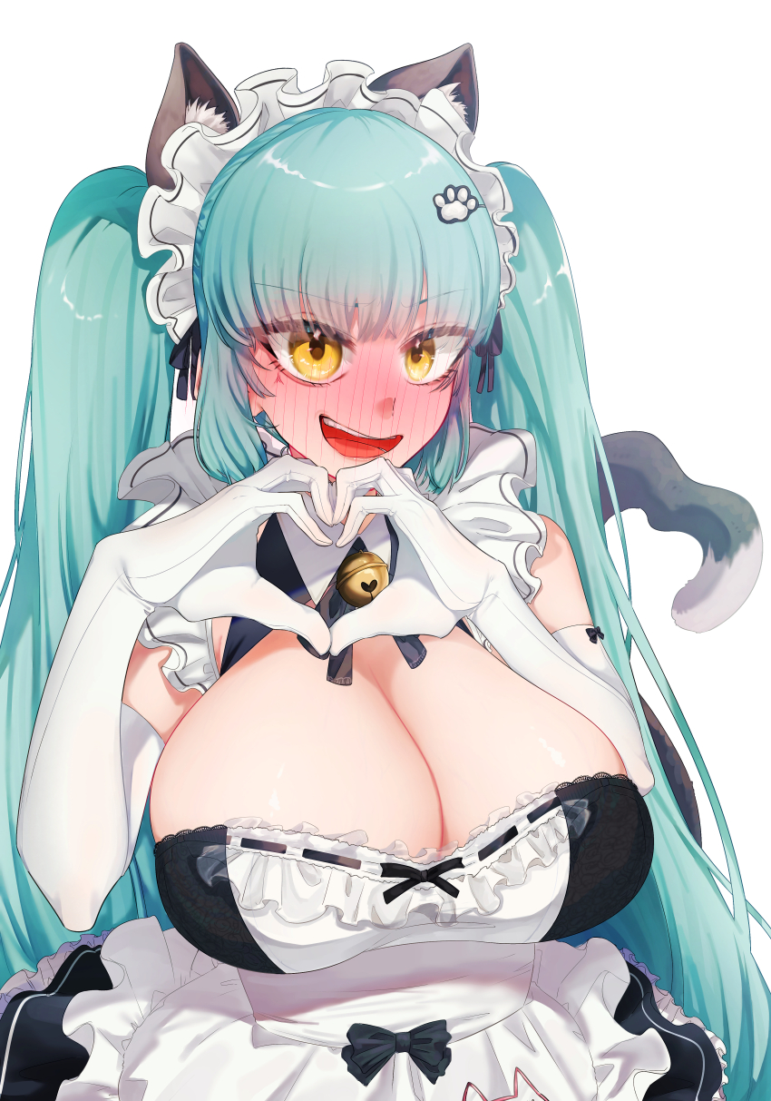 1girl :d absurdres animal_ears aqua_hair bell bibie307 blush breasts cat_ears cat_tail cleavage elbow_gloves gloves goddess_of_victory:_nikke hair_ornament heart heart_hands highres large_breasts long_hair looking_at_viewer maid maid_headdress neck_bell open_mouth privaty_(nikke) privaty_(unkind_maid)_(nikke) simple_background smile solo tail twintails very_long_hair white_background white_gloves yellow_eyes