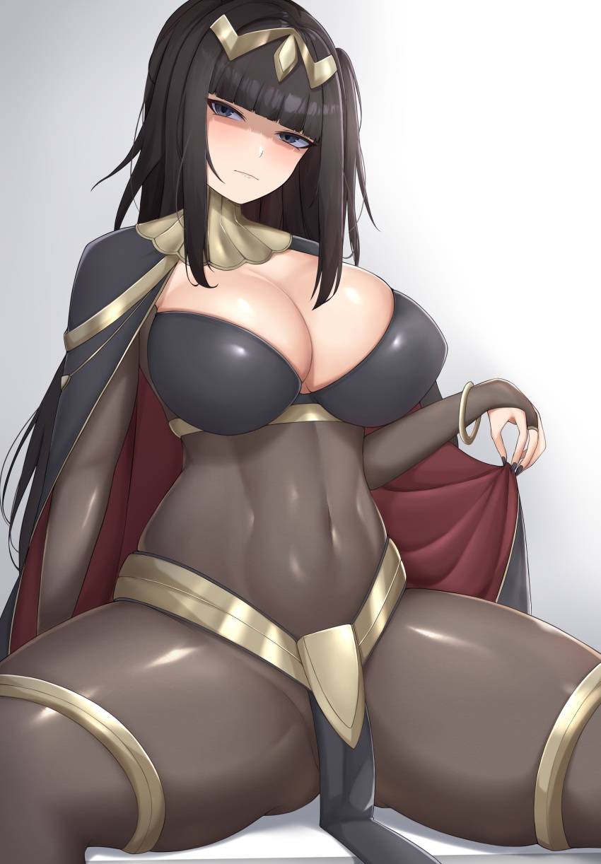 1girl absurdres black_bra black_cape blunt_bangs bodystocking bodysuit bra bracelet breasts bridal_gauntlets brown_bodysuit cape cape_lift cleavage covered_navel cowboy_shot fire_emblem fire_emblem_awakening gold_trim gradient_background head_tilt highres jewelry large_breasts long_hair looking_at_viewer nail_polish nintendo pelvic_curtain see-through_bridal_gauntlets sharen sidelocks simple_background sitting skin_tight skindentation solo spread_legs tharja_(fire_emblem) thick_thighs thighlet thighs tiara underwear