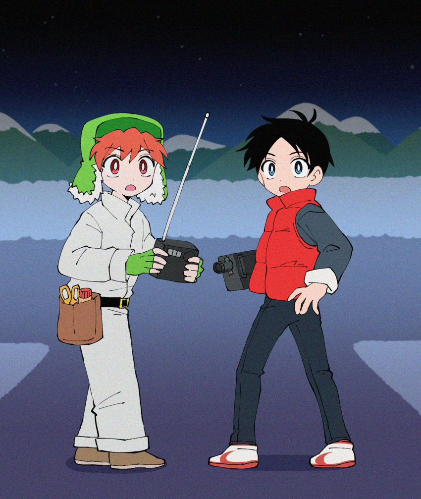 2boys alternate_costume back_to_the_future belt black_hair blue_eyes child emmett_brown green_headwear highres kxh-hxk kyle_broflovski long_sleeves male_focus marty_mcfly multiple_boys open_mouth pants red_eyes red_hair sleeveless sleeveless_jacket south_park stan_marsh