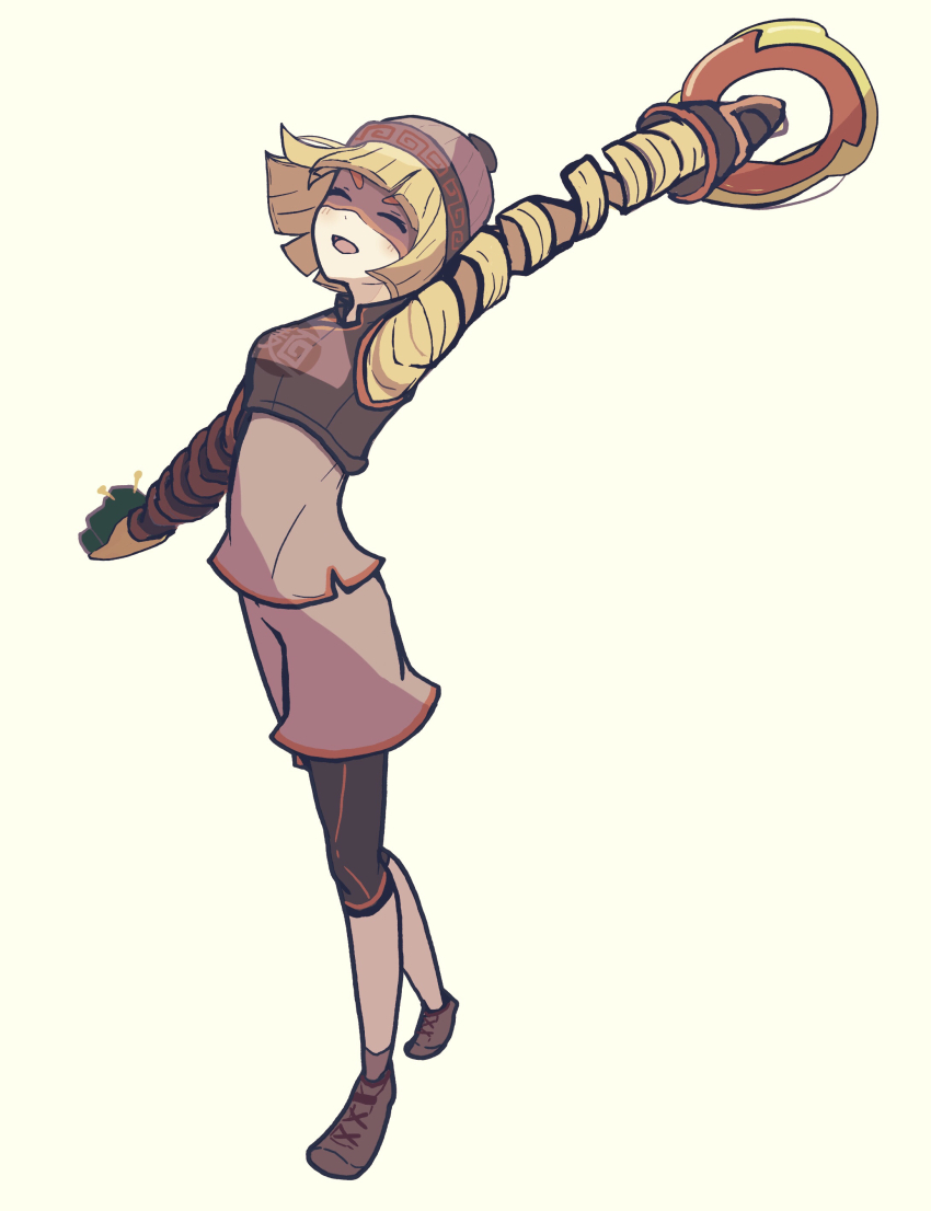 1girl absurdres arm_up arms_(game) beanie blonde_hair brown_shoes closed_eyes domino_mask full_body hat highres kyashii_(cathyyy_illust) mask meandros min_min_(arms) nintendo official_alternate_color open_mouth shoes short_hair solo super_smash_bros. white_background