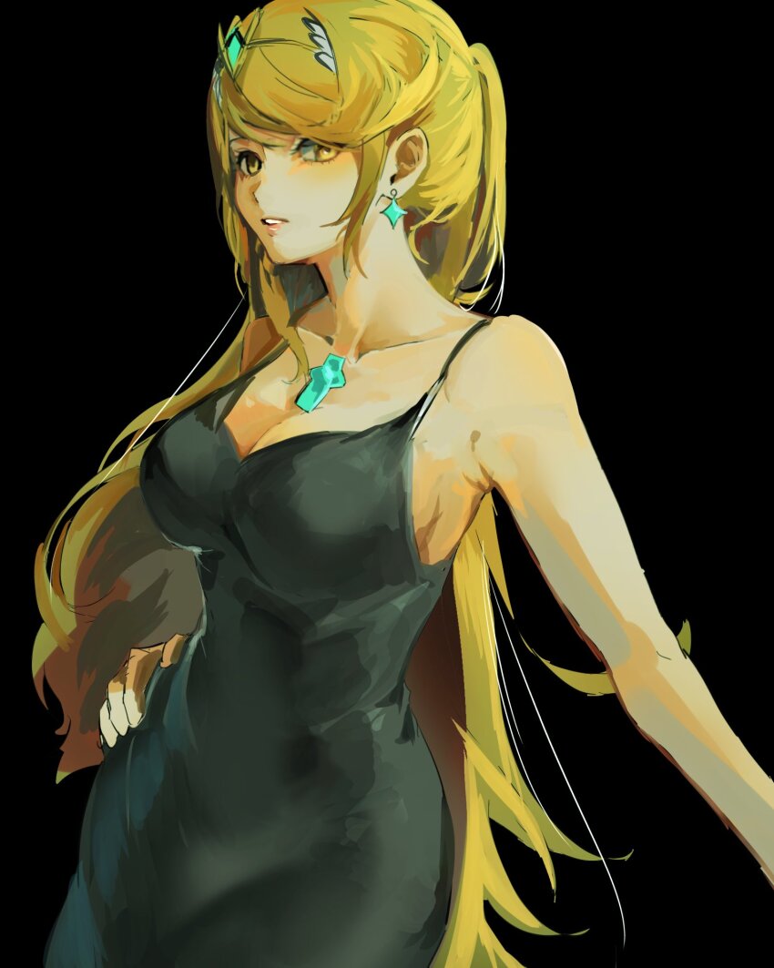 1girl 4me3ba_niku bare_shoulders black_background black_dress blonde_hair breasts chest_jewel cleavage collarbone core_crystal_(xenoblade) cowboy_shot dress earrings highres jewelry large_breasts long_hair mythra_(xenoblade) simple_background solo spaghetti_strap tiara xenoblade_chronicles_(series) xenoblade_chronicles_2 yellow_eyes