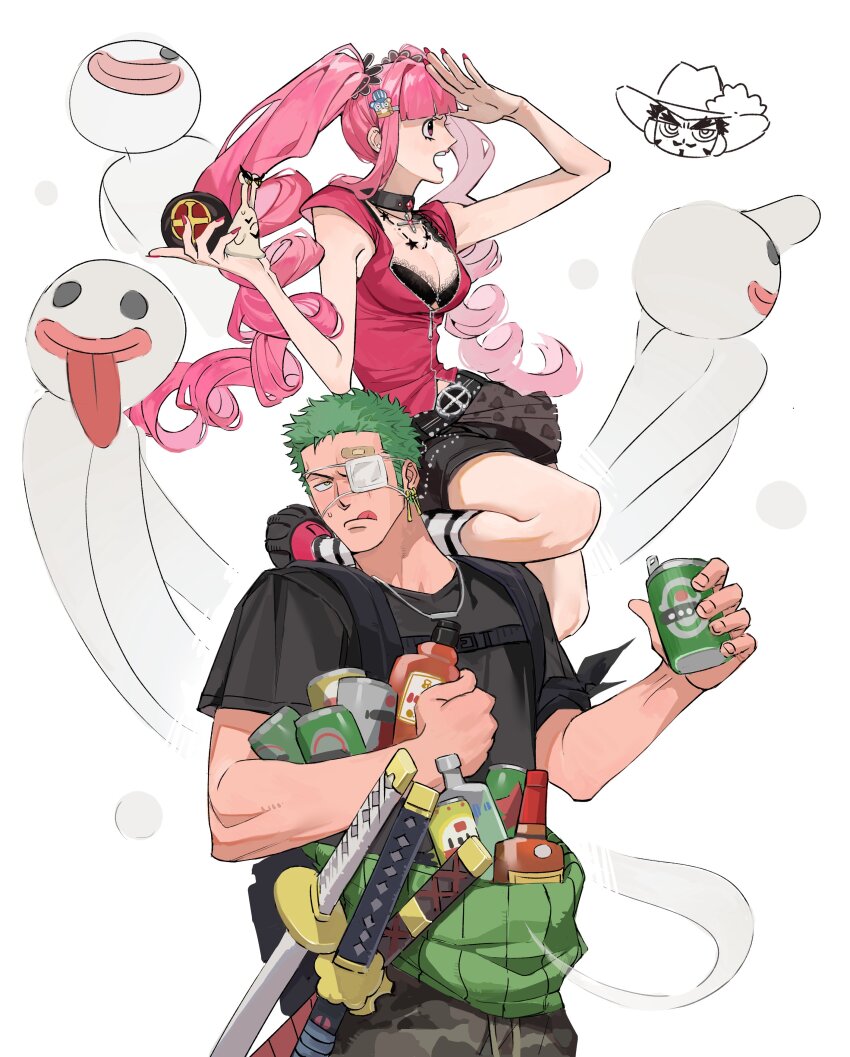 1boy 1girl absurdres alternate_costume bandaid bandaid_on_face bandaid_on_forehead bandana bandana_around_arm belt black_bandana black_choker black_shirt black_skirt blunt_bangs bottle breasts can choker cleavage curly_hair den_den_mushi dracule_mihawk earrings eyepatch ghost green_hair hair_ornament hairclip haramaki highres holding holding_can jewelry katana long_hair medical_eyepatch medium_breasts multiple_swords necklace one_piece perona pink_hair pink_nails pink_shirt roronoa_zoro sheath sheathed shirt short_hair short_sleeves sidelocks simple_background skirt sweetdou3 sword tongue tongue_out twintails weapon white_background