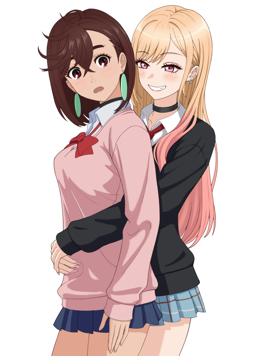 2girls absurdres ayase_momo barbell_piercing black_choker black_sweater blonde_hair blue_skirt bow bowtie breasts brown_eyes brown_hair choker collared_shirt commentary crossover dandadan earrings gradient_hair grin gyaru highres hug hug_from_behind jewelry kitagawa_marin kyouji44288608 long_hair long_sleeves medium_breasts medium_hair miniskirt multicolored_hair multiple_girls necktie open_mouth piercing pink_eyes pink_hair pink_nails pink_sweater red_bow red_bowtie red_necktie revision school_uniform season_connection shirt simple_background skirt smile sono_bisque_doll_wa_koi_wo_suru sweater trait_connection very_long_hair white_background white_shirt
