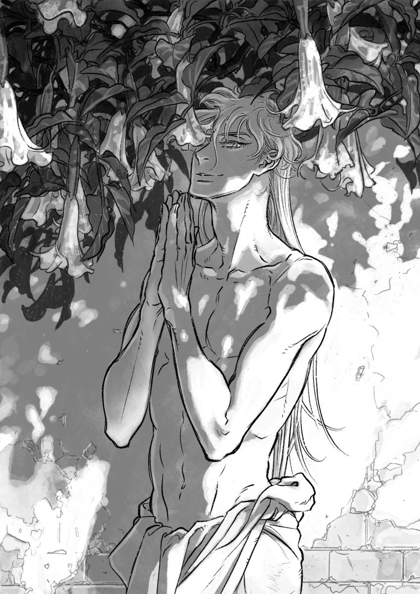 absurdres alternate_costume casual dandan_uiliq flower greyscale highres light_smile long_hair looking_up monochrome navel own_hands_together palms_together parted_lips praying saint_seiya toned toned_male topless_male unusually_open_eyes virgo_shaka