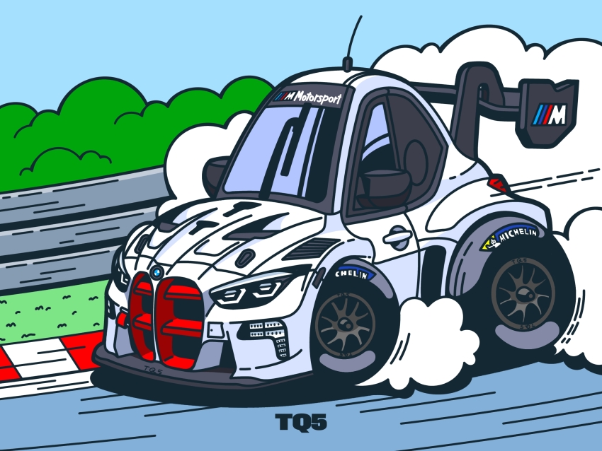 artist_name bmw bmw_m4 bush car chibi choro-q guard_rail highres michelin michelin_man motion_blur motor_vehicle no_humans race_vehicle racecar racetrack radio_antenna smoke spoiler_(automobile) tq5 vehicle_focus white_car