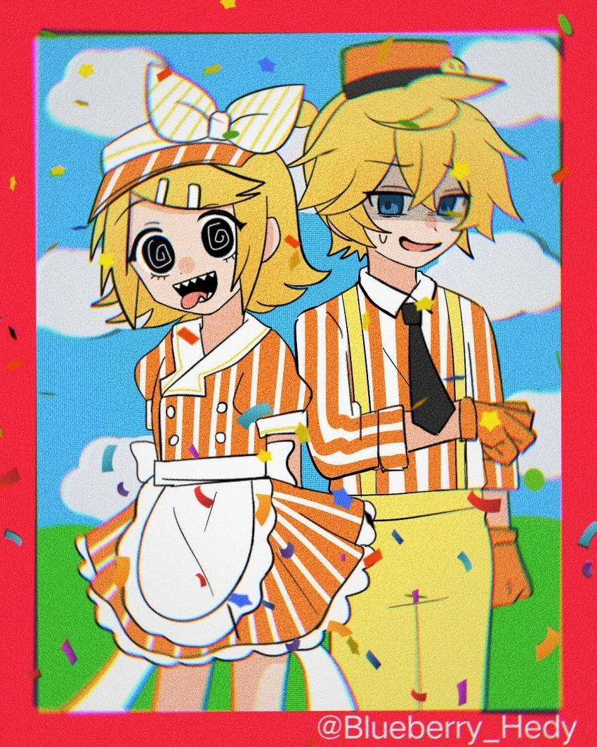 1boy 1girl blonde_hair blueberry_hedy bow dress gloves hair_ornament hairclip hat highres kagamine_len kagamine_rin long_hair mesmerizer_(vocaloid) necktie open_mouth ribbon shirt short_hair short_sleeves smile striped_clothes teeth visor_cap vocaloid yellow_gloves