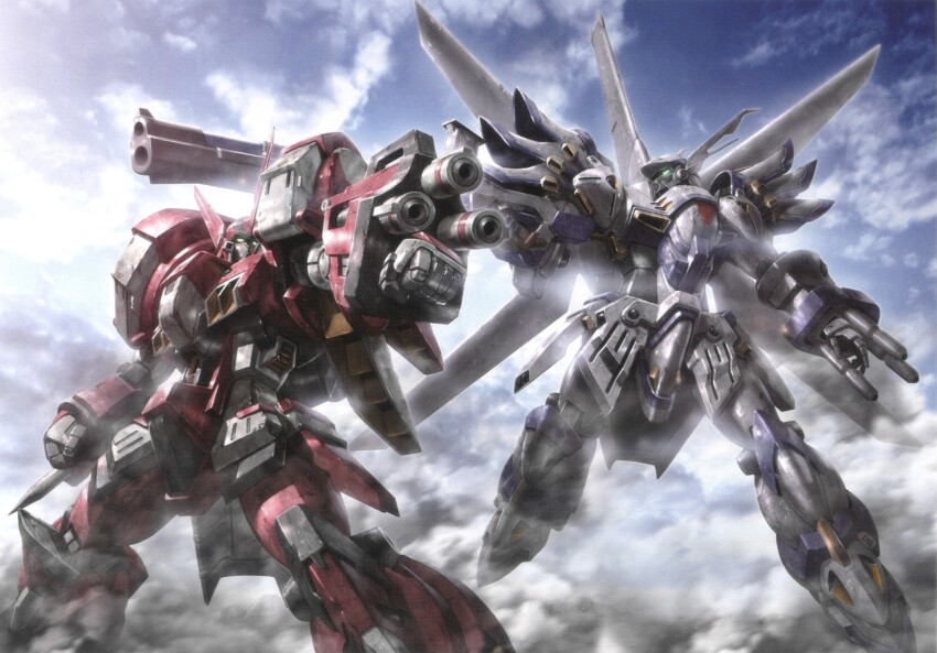 alteisen arm_cannon clenched_hand cloud cloudy_sky flying gun highres holding holding_weapon mecha morishita_naochika no_humans non-web_source official_art pile_bunker rifle robot science_fiction sky smoke super_robot_wars super_robot_wars_impact super_robot_wars_original_generation weapon weissritter
