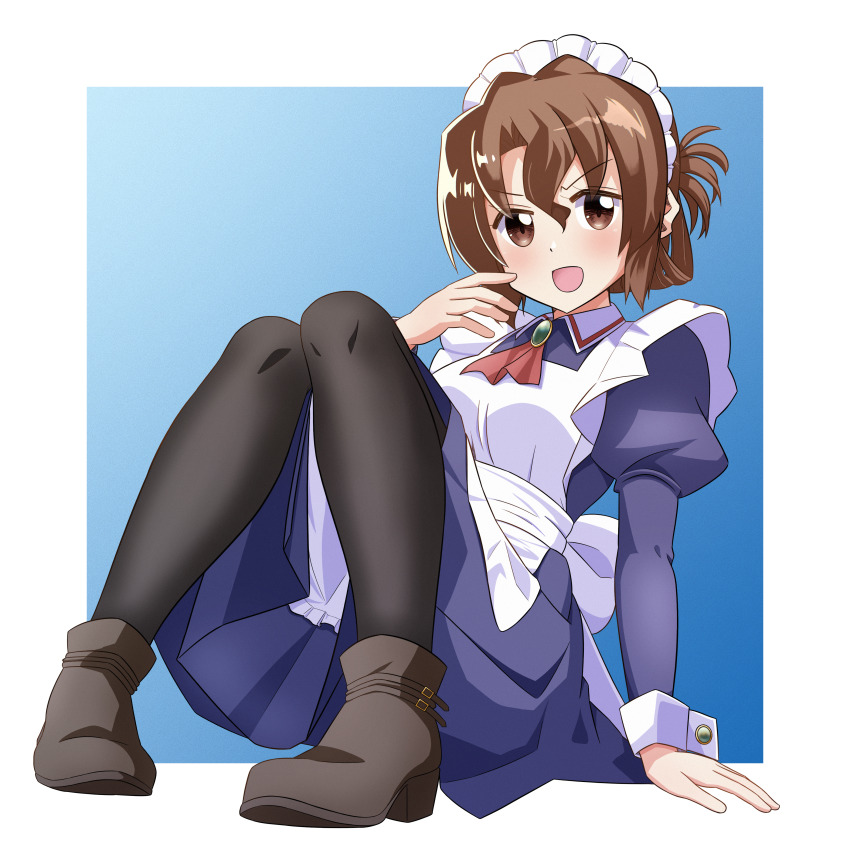 1girl absurdres apron boots brown_hair dress folded_ponytail hayate_no_gotoku! highres jewelry long_hair long_skirt maid maid_apron maid_headdress maria_(hayate_no_gotoku!) open_mouth pantyhose red_eyes simple_background sitting skirt solo
