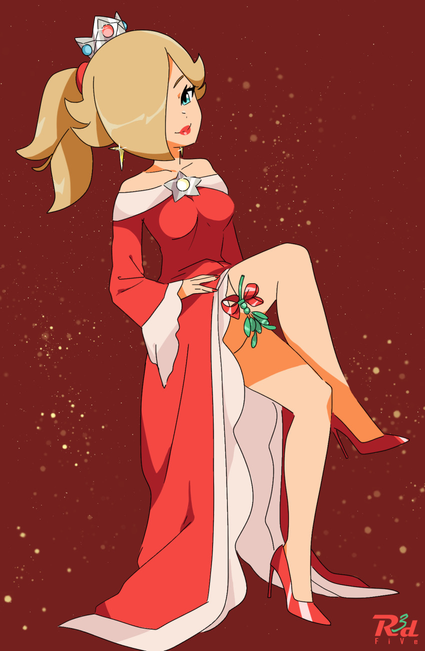 1girl alternate_costume alternate_hairstyle bare_shoulders blonde_hair brooch crossed_legs crown dress earrings fire_rosalina high_heels highres jewelry leg_up looking_at_viewer mario_(series) mistletoe nail_polish nintendo off_shoulder ponytail r3dfive red_background red_dress red_lips red_nails rosalina simple_background smile solo super_mario_3d_world thighs