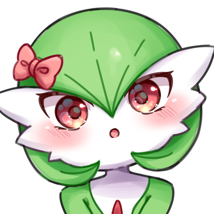 :o absurdres blush bow commentary_request gardevoir gen_3_pokemon highres looking_at_viewer nintendo parted_lips pokemon pokemon_(creature) red_bow red_eyes rutorifuki simple_background solo upper_body white_background