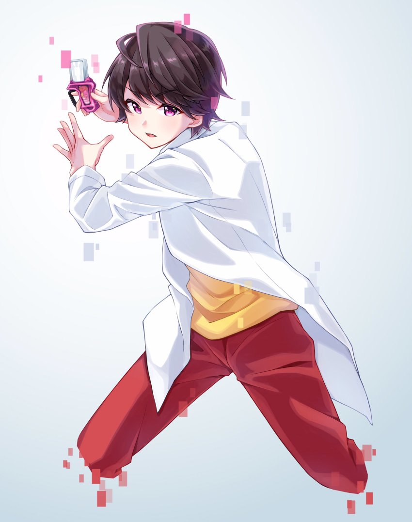 1boy brown_hair cartridge commentary_request cropped_legs digital_dissolve doctor henshin henshin_pose highres houjou_emu kamen_rider kamen_rider_ex-aid_(series) lab_coat looking_at_viewer male_focus pants pink_eyes red_pants rider_gashat shirt thousand_(sentyuu89) video_game white_background yellow_shirt