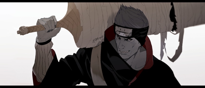 1boy akatsuki_uniform black_eyes black_nails blue_hair forehead_protector grin highres holding holding_sword holding_weapon hoshigaki_kisame kirigakure_symbol male_focus nail_polish naruto_(series) naruto_shippuuden ninja over_shoulder samehada_(naruto) sharp_teeth short_hair simple_background smile solo sword teeth weapon weapon_over_shoulder white_background zifletts