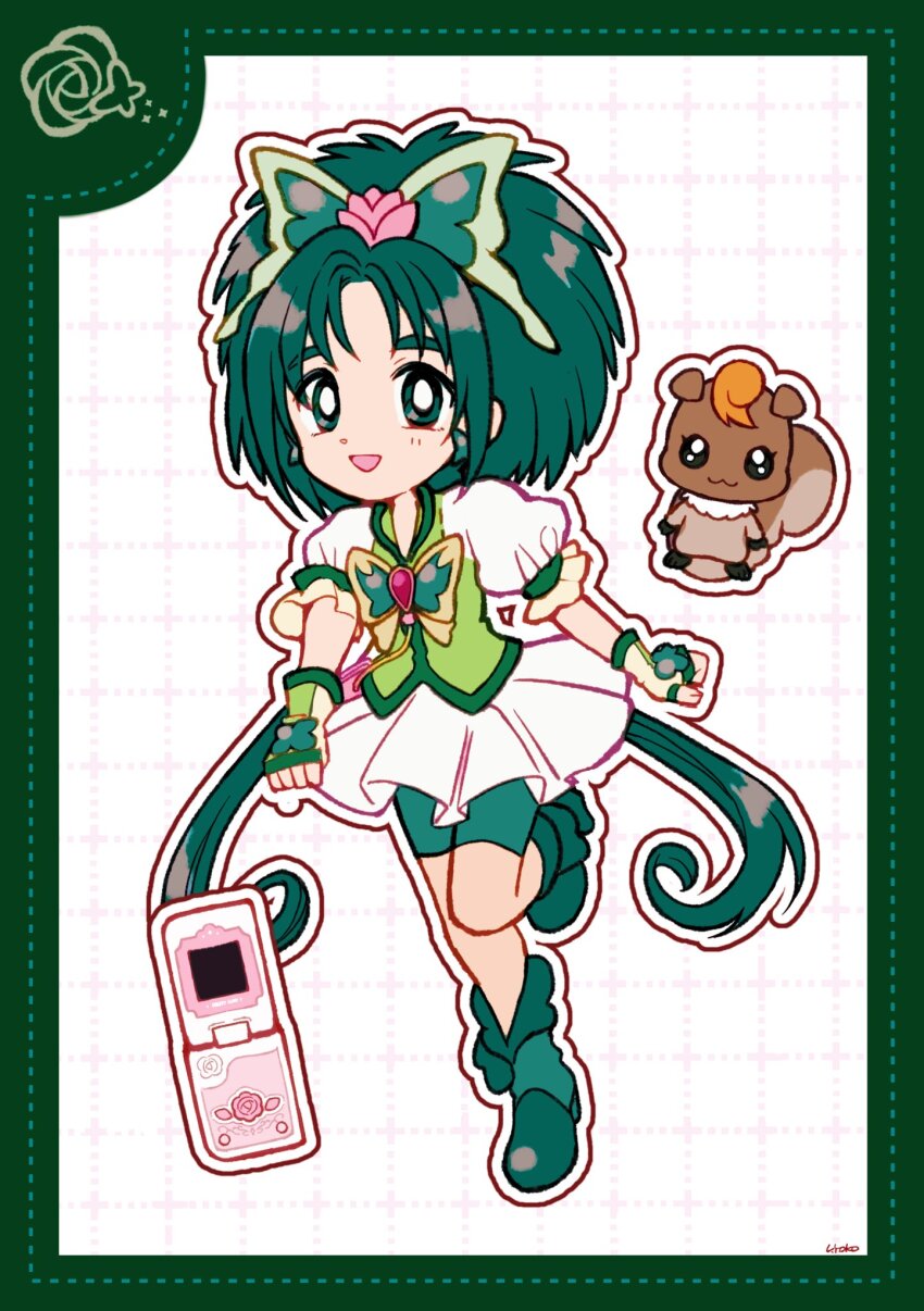 1girl akimoto_komachi animal_print boots border bow bowtie butterfly_hair_ornament butterfly_print cellphone clenched_hands collared_vest cure_mint deformed dot_nose dotted_line dress fingerless_gloves flip_phone flower frilled_sleeves frills full_body gloves green_boots green_border green_bow green_bowtie green_eyes green_hair green_shorts green_vest grid_background hair_flower hair_ornament high_heel_boots high_heels highres leg_up long_hair low_twintails magical_girl nuts_(yes!_precure_5) open_mouth outline parted_bangs phone pink_bag pink_flower pink_rose precure puffy_short_sleeves puffy_sleeves red_brooch rose short_dress short_sleeves shorts shorts_under_dress smile squirrel tareme twintails uwded_207 very_long_hair vest waist_bag white_background white_dress white_gloves white_outline yes!_precure_5 yes!_precure_5_gogo!