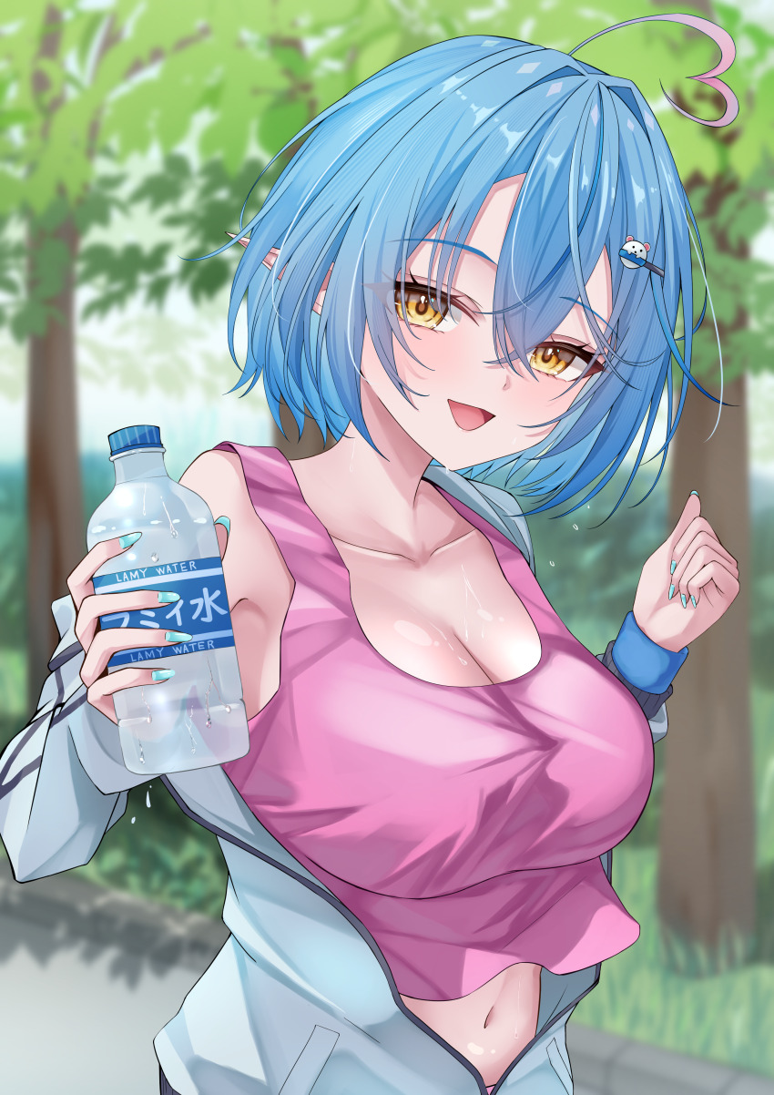 1girl absurdres ahoge blue_hair blue_jacket blurry blurry_background bottle breasts cleavage collarbone heart heart_ahoge highres holding holding_bottle hololive jacket large_breasts mitsu_3_33 multicolored_hair navel open_clothes open_jacket pink_hair pink_tank_top pointy_ears single_bare_shoulder single_off_shoulder solo sweat tank_top tree two-tone_hair virtual_youtuber yellow_eyes yukihana_lamy