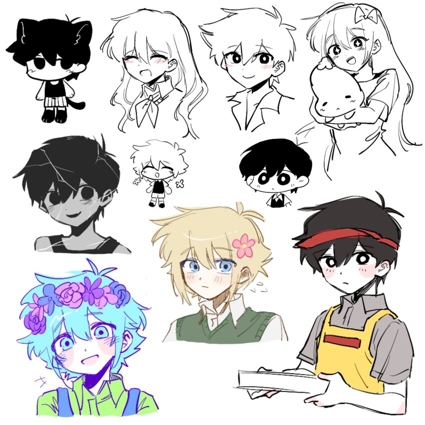+_+ 2girls 6+boys animal_ears apron aubrey_(headspace)_(omori) aubrey_(omori) basil_(faraway)_(omori) basil_(headspace)_(omori) basil_(omori) black_eyes black_hair black_socks black_tank_top blonde_hair blue_eyes blue_overalls blush bow box bright_pupils cat_boy cat_ears cat_tail chibi closed_eyes collared_shirt colored_skin flower flying_sweatdrops green_eyes green_hair green_shirt green_sweater_vest grey_shirt hair_bow hair_flower hair_ornament head_wreath hero_(headspace)_(omori) hero_(omori) highres holding holding_box holding_stuffed_toy iomor_snuuy kemonomimi_mode long_hair long_shirt mari_(headspace)_(omori) mari_(omori) mr._plantegg_(omori) multiple_boys multiple_girls neckerchief no_mouth omori omori_(omori) open_mouth overalls pajamas partially_colored pizza_box shattered_omori_(omori) shirt short_hair short_sleeves shorts simple_background smile socks striped_clothes striped_shorts stuffed_eggplant stuffed_toy sunny_(omori) sweater_vest t-shirt tail tank_top teeth upper_teeth_only vertical-striped_clothes vertical-striped_shorts white_background white_shorts white_skin yellow_apron
