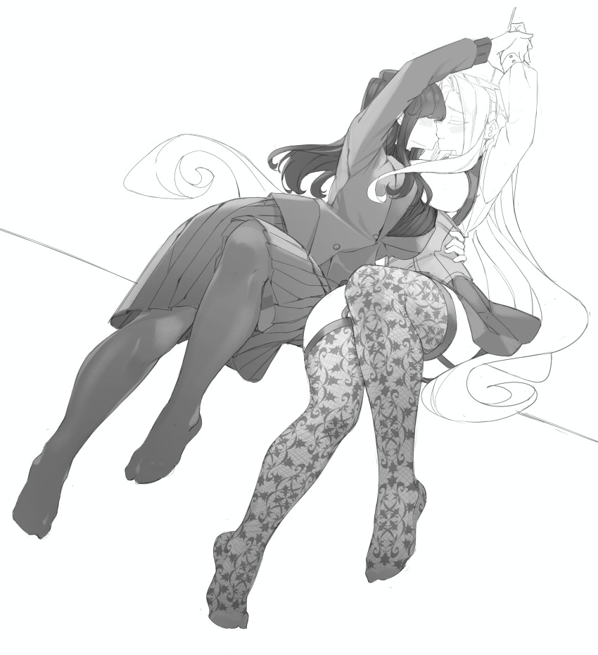 2girls absurdres black_hair black_pantyhose blush breasts full_body garter_belt greyscale hair_over_eyes highres hornfelstone kakure_meme kimi_no_koto_ga_dai_dai_dai_dai_daisuki_na_100-nin_no_kanojo kiss large_breasts long_hair medium_breasts monochrome multiple_girls pantyhose sketch thighhighs utsukushisugi_mimimi yuri
