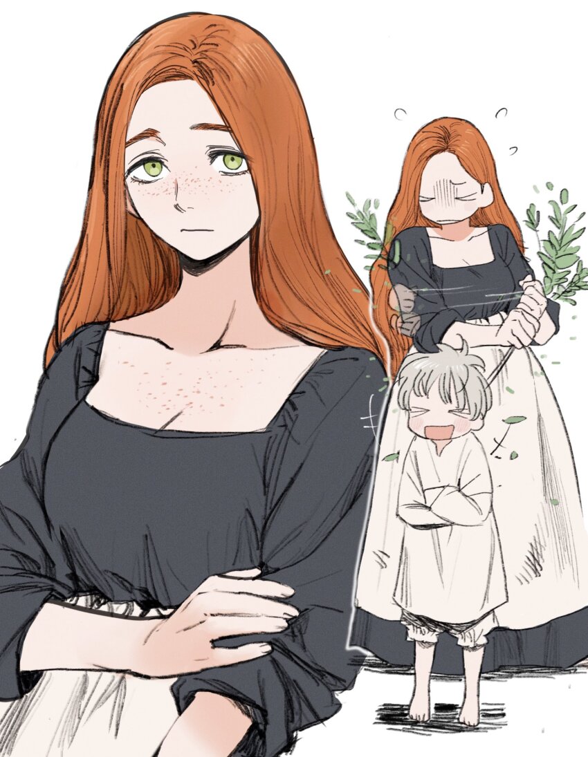 &gt;_&lt; 2girls :d aged_down apron black_dress bloomers body_freckles breasts cleavage dress dungeon_meshi falin_touden falin_touden_(tallman) flying_sweatdrops freckles frs2 green_eyes grey_hair hand_on_own_arm highres holding holding_plant laughing long_hair looking_at_viewer medium_breasts mother_and_daughter mrs._touden multiple_girls open_mouth orange_hair parted_bangs plant short_hair smile underwear white_apron white_background white_bloomers white_dress worried xd
