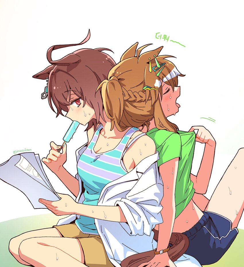 2girls agnes_tachyon_(umamusume) ahoge alternate_costume animal_ears aqua_tank_top back-to-back blue_shorts bracelet braid brown_hair brown_shorts brown_tail closed_eyes clothes_pull collarbone commentary_request earrings ears_down food green_shirt hair_between_eyes hair_ornament hairclip half_up_braid highres holding holding_food holding_paper holding_popsicle horse_ears horse_girl horse_tail hot jewelry jungle_pocket_(umamusume) korean_commentary korean_text lab_coat looking_at_viewer mazu1kan medium_hair multicolored_hair multiple_girls off_shoulder open_mouth paper popsicle red_eyes shirt shorts sidelocks single_earring sitting sleeves_rolled_up streaked_hair sweat t-shirt tail tank_top tongue tongue_out translation_request twitter_username umamusume white_background white_hair