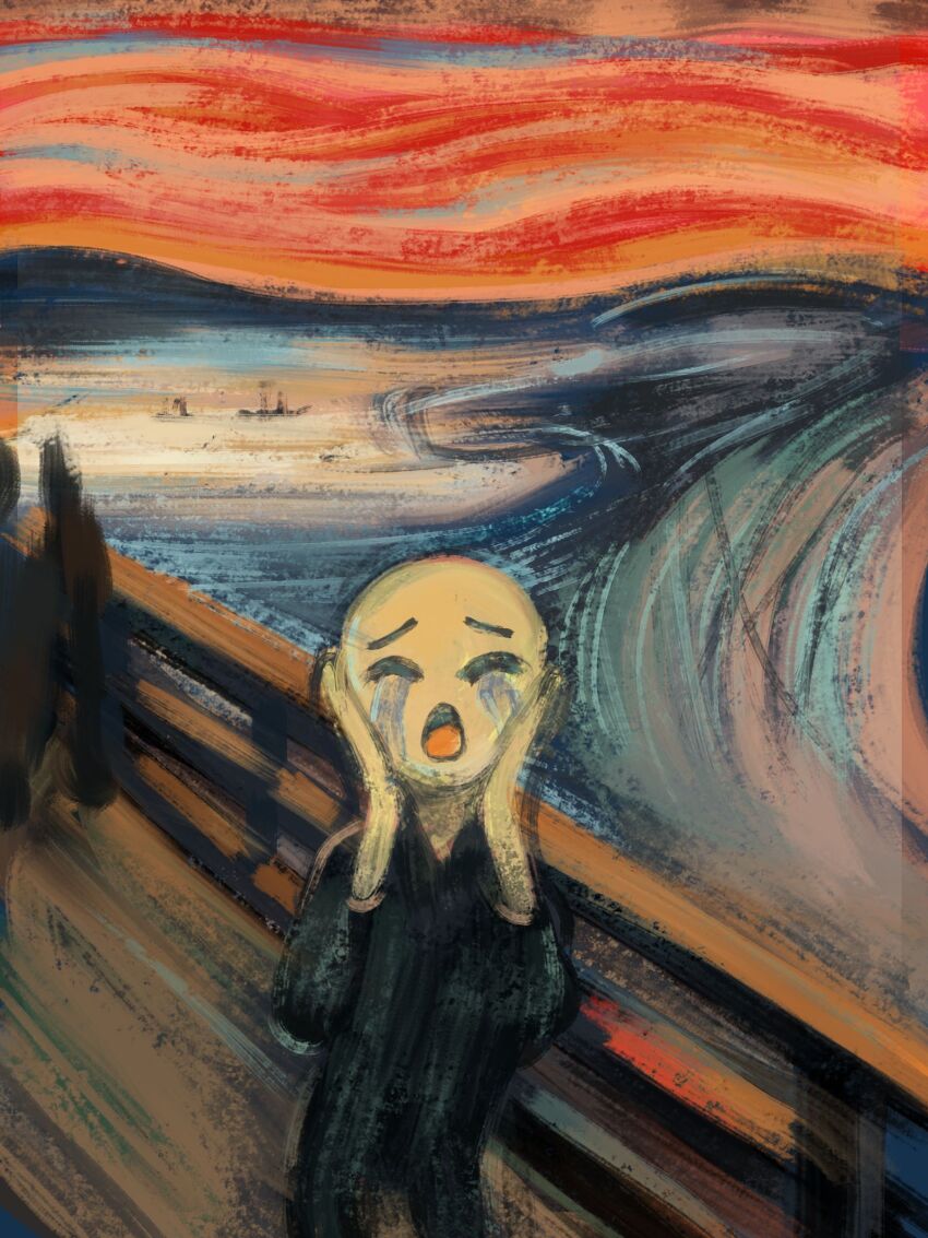 1other absurdres closed_eyes crying_emoji emoji fine_art_parody hands_on_own_face highres meme open_mouth orenjipiiru original parody solo tears the_scream uohhhhhhhhh!_(meme)