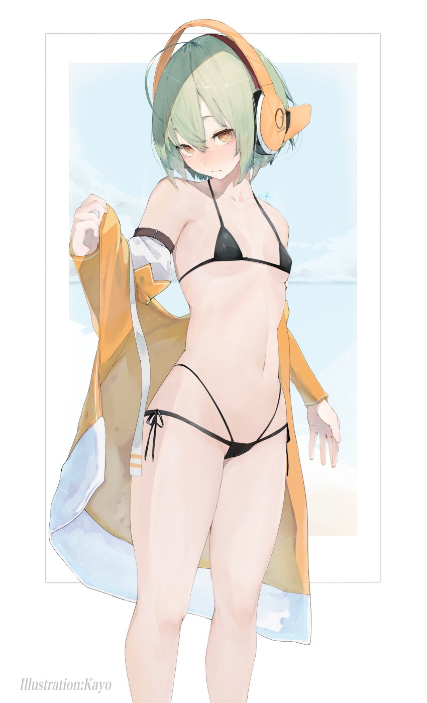 1girl absurdres ahoge bikini black_bikini blush breasts chunithm closed_mouth coat grey_hair headphones highres kisaragi_yaya navel off_shoulder ribs short_hair side-tie_bikini_bottom sky_feather_(chunithm) small_breasts solo swimsuit thighs