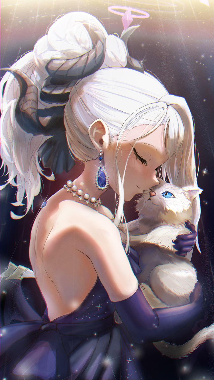 1girl absurdres animal animal_hug bare_back bare_shoulders bead_choker beads blue_archive cat closed_eyes closed_mouth curtained_hair demon_girl demon_wings dress earrings elbow_gloves from_side gloves hair_bun highres hina_(blue_archive) hina_(dress)_(blue_archive) jewelry kc_ncp long_hair official_alternate_costume official_alternate_hairstyle purple_dress purple_gloves sidelocks smile solo wings