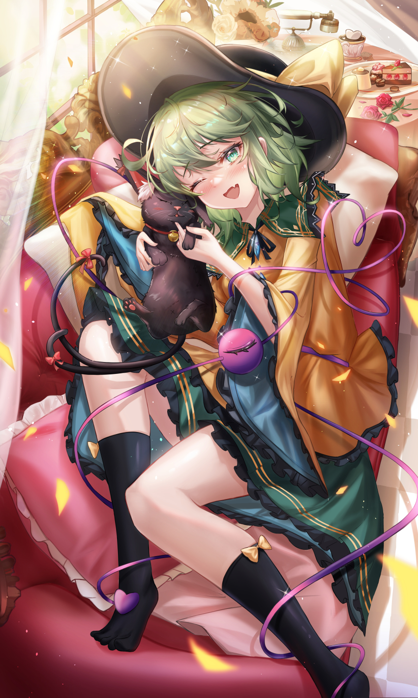 1girl :3 ;d absurdres animal animal_ear_fluff animal_ears antique_phone black_cat black_hat black_ribbon black_socks blush blush_stickers bouquet bow bow_legwear breasts bright_pupils buttons cake cake_slice cat cat_ears cat_paw chinese_commentary closed_eyes commentary_request couch cup curtains day diamond_button eyelashes falling_petals fang flower food foot_out_of_frame frilled_pillow frilled_shirt_collar frilled_skirt frilled_sleeves frills green_eyes green_hair green_skirt hair_between_eyes hands_up happy hat heart heart_of_string highres holding holding_animal holding_cat indoors kaenbyou_rin kaenbyou_rin_(cat) kneehighs knees_up komeiji_koishi long_sleeves looking_at_viewer lying medium_breasts medium_hair miniskirt multiple_tails neck_ribbon neet_kuu no_shoes on_back on_couch one_eye_closed open_mouth petals pillow red_bow red_flower red_rose ribbon rose shirt sitting skin_fang skirt smile socks solo sparkle spiked_hair sun_hat tail tail_bow tail_ornament teacup toes touhou tsurime two_tails white_flower white_rose wide_sleeves window yellow_bow yellow_shirt