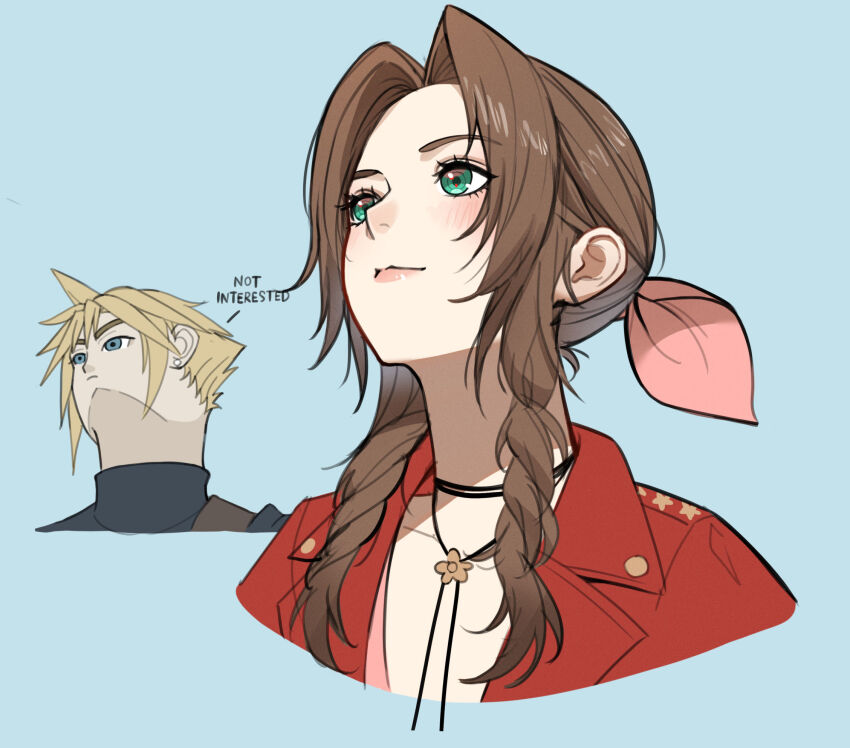 1boy 1girl aerith_gainsborough blonde_hair blue_background blue_eyes choker cloud_strife dress earrings english_text final_fantasy final_fantasy_vii final_fantasy_vii_remake flower_choker from_below green_eyes hair_between_eyes hair_ribbon highres jacket jewelry light_blush long_hair lukrevadraws meme parted_bangs pink_dress pink_ribbon red_jacket ribbon short_hair sidelocks single_earring spiked_hair suspenders turtleneck updo upper_body upward_angle_frieren_drawing_(meme)