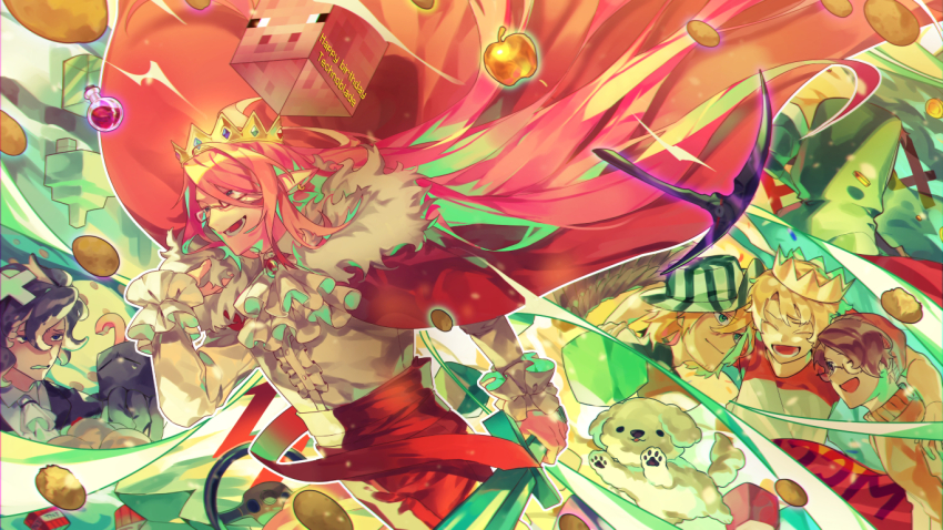 5boys androgynous animal animification apple ascot bird_boy bird_wings birthday blonde_hair brown_hair bucket_hat cape commentary crown damelives dog dream_(youtuber) esports explosive floof_(technoblade) food fruit fur-trimmed_cape fur_trim glasses golden_apple happy_birthday hat holding holding_sword holding_weapon hood hood_up humanization hypixel hypixel_skyblock im_a_squid_kid long_hair long_sleeves male_focus mc_championship minecraft minecraft_sword minecraft_youtube multiple_boys pet ph1lza pickaxe pig_(minecraft) pink_hair pointy_ears potato real_life red_cape shirt short_hair smile squid squid_(minecraft) squid_boy striped_clothes striped_headwear sword technoblade tentacle_hair tnt tnt_block_(minecraft) tommyinnit weapon white_ascot white_shirt wilbur_soot wings