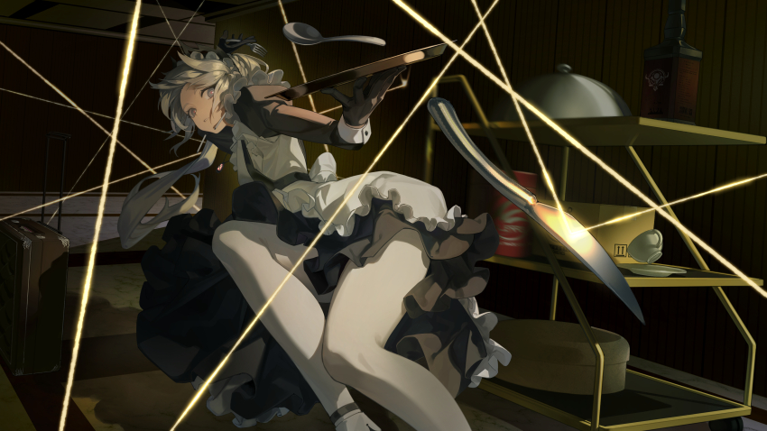 1girl 9_vcat absurdres alcohol apron arknights balancing black_dress black_gloves black_vest black_wings blurry bottle braid braided_bun breasts butter_knife buttoned_cuffs buttons cart ceiling commentary_request container cup cutlery dress dutch_angle eyelashes feathered_wings feet_out_of_frame floating_hair floor foreshortening fork frilled_apron frilled_hairband frills from_side gloves grey_eyes grey_hair hair_bun hairband hallway hands_up head_wings highres holding holding_fork holding_tray indoors irene_(arknights) irene_(voyage_of_feathers)_(arknights) jewelry juliet_sleeves knife lantern laser long_hair long_sleeves looking_at_viewer maid maid_apron maid_headdress marble_(stone) marble_floor necklace official_alternate_costume outstretched_hand package pantyhose parted_lips pink_pupils plate pleated_dress ponytail puffy_sleeves rolling_suitcase serious serving_cart serving_dome shade shadow sleeve_cuffs small_breasts solo spoon standing suitcase teacup teeth tray very_long_hair vest wall wallpaper_(object) whiskey white_apron white_hairband white_pantyhose wings