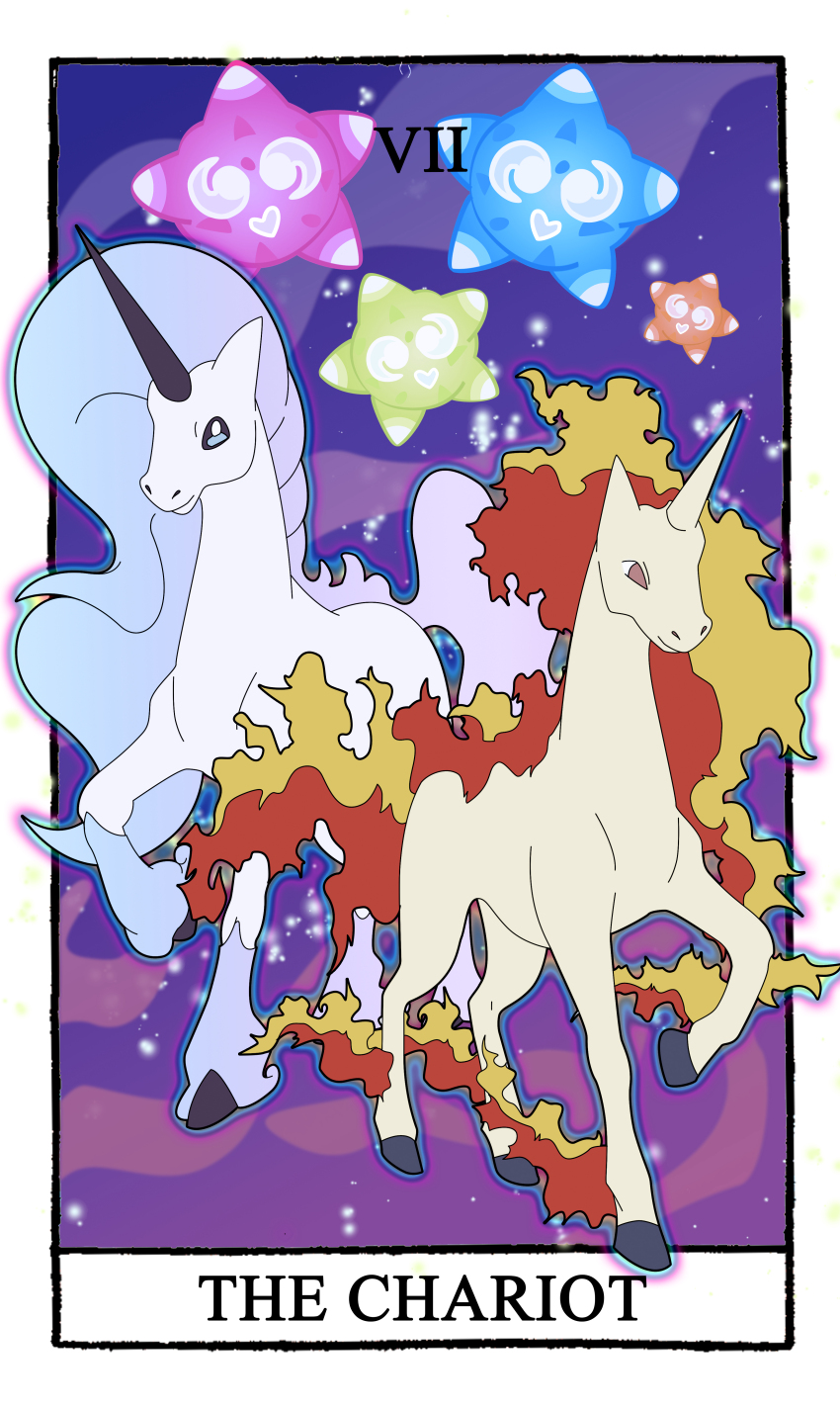 absurdres animal_focus border card_(medium) carrotzmoonman commentary english_commentary flat_color full_body galarian_form galarian_rapidash gen_1_pokemon gen_7_pokemon gen_8_pokemon highres horse minior minior_(blue_core) minior_(core) minior_(green_core) minior_(orange_core) minior_(violet_core) nintendo no_humans nostrils pokemon pokemon_(creature) rapidash roman_numeral tarot tarot_(medium) the_chariot_(tarot) white_border