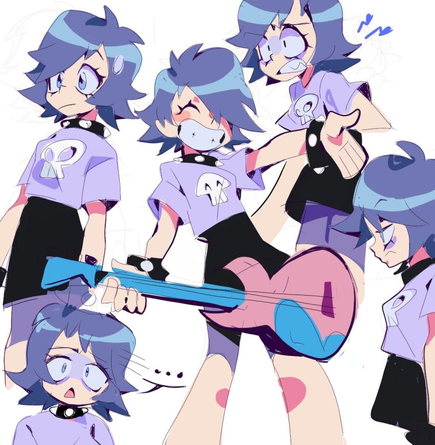 ... 1girl blue_eyes blue_hair bracelet closed_eyes closed_mouth collar commentary english_commentary feet_out_of_frame goth_fashion gothic grin guitar hair_over_one_eye hi_hi_puffy_amiyumi highres instrument jewelry open_mouth punkish_gothic sharp_teeth short_hair smile standing teeth triangle_mouth yen0028 yumi_yoshimura