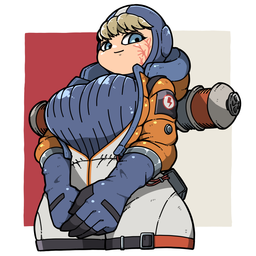 1girl apex_legends blonde_hair blue_eyes blue_gloves breasts closed_mouth facial_scar gloves highres hood hood_down hooded_jacket jacket large_breasts lichtenberg_figure name_omoitukan2 open_clothes open_jacket orange_jacket own_hands_together scar scar_on_cheek scar_on_face short_hair smile solo v_arms wattson_(apex_legends)