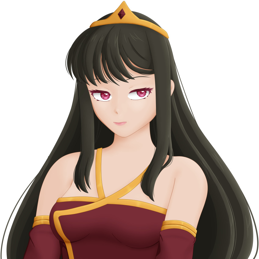 1girl absurdres bare_shoulders black_hair breasts chinese_clothes closed_mouth commission commissioner_upload crown detached_sleeves dress gold_trim highres hong_mei_ling_(ways_of_darkness) long_hair looking_at_viewer medium_breasts official_art purple_eyes red_dress red_eyes selinanovalight solo tagme tiara upper_body very_long_hair ways_of_darkness_(series)