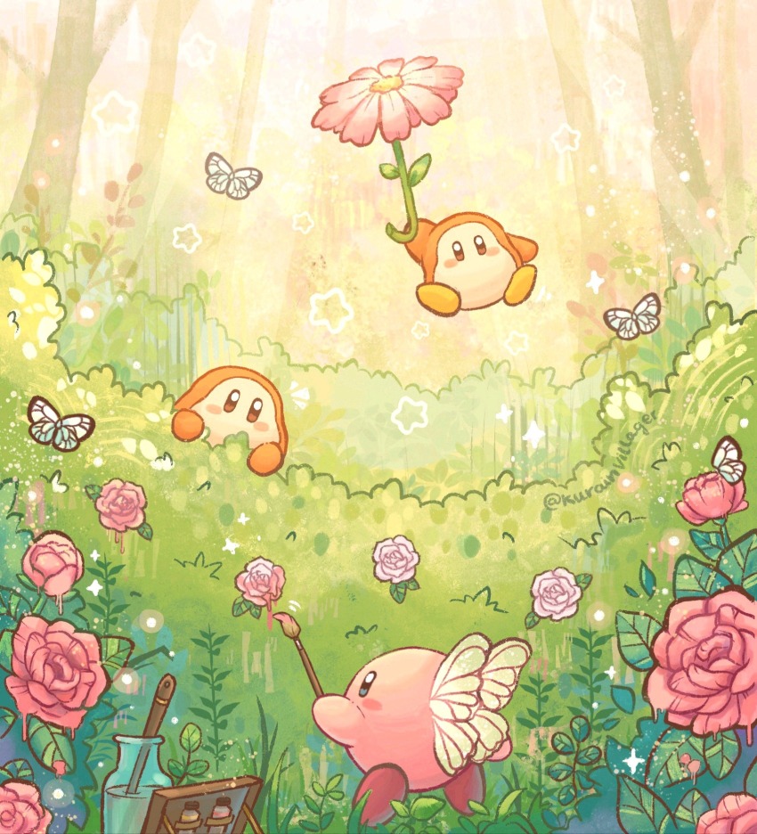 arm_up artist_name blue_eyes blush blush_stickers brown_eyes bug bush butterfly commentary day english_commentary facing_away fairy_wings floating flower flower_umbrella forest grass highres holding holding_paintbrush holding_umbrella insect jar kirby kirby_(series) kurain_villager light_rays nature nintendo notice_lines outdoors paint paintbrush pink_flower pink_rose plant rose sparkle star_(symbol) sunbeam sunlight tree twitter_username umbrella waddle_dee wings